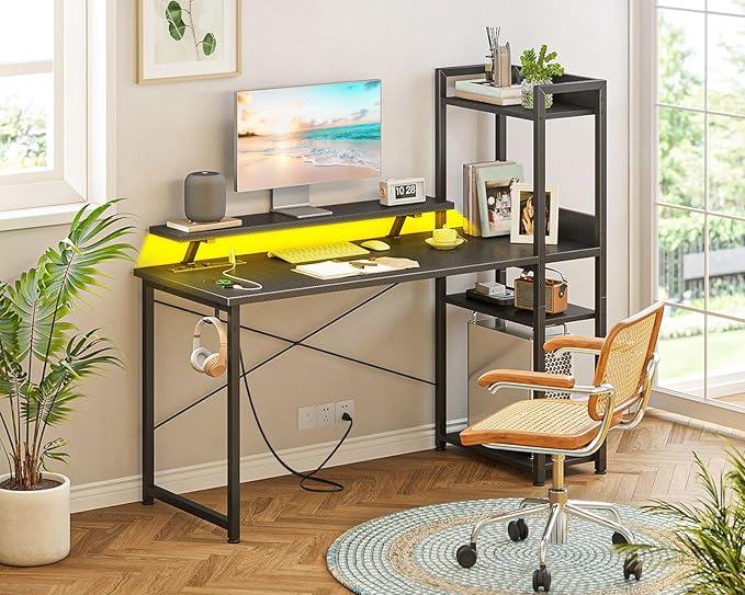 ODK Reversible Gaming Desk with Power Outlets and LED Lights 48 Inch Computer Desk with Storage Shelves and Monitor Stand Modern Writing Study Desk for Home Office Carbon Fiber Black