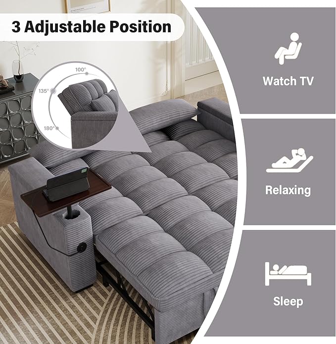 65'' Sleeper Sofa with Pull Out Bed 3 in 1 Convertible Sofa with Cup Holder and Storage Armrests Corduroy Loveseat with Swivel Table Adjustable Backrest &amp Charging Ports for Living Room Purple
