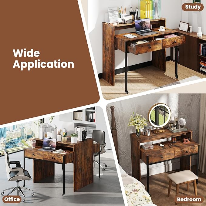 Giantex Small Computer Desk with Hutch &amp Drawers Extendable Writing Desk w/Pull Out Secondary Table Monitor Stand &amp Rolling Wheels Console Table Compact Desk for Small Spaces (Rustic Brown