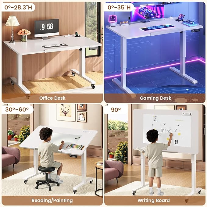 SEDETA 47 x 24 Inches Electric Standing Desk 180° Tiltable Mobile Rising Computer Desk Height Adjustable with Wheels for Drawing/Writing/Gaming/Study/Home Office/Small Space White