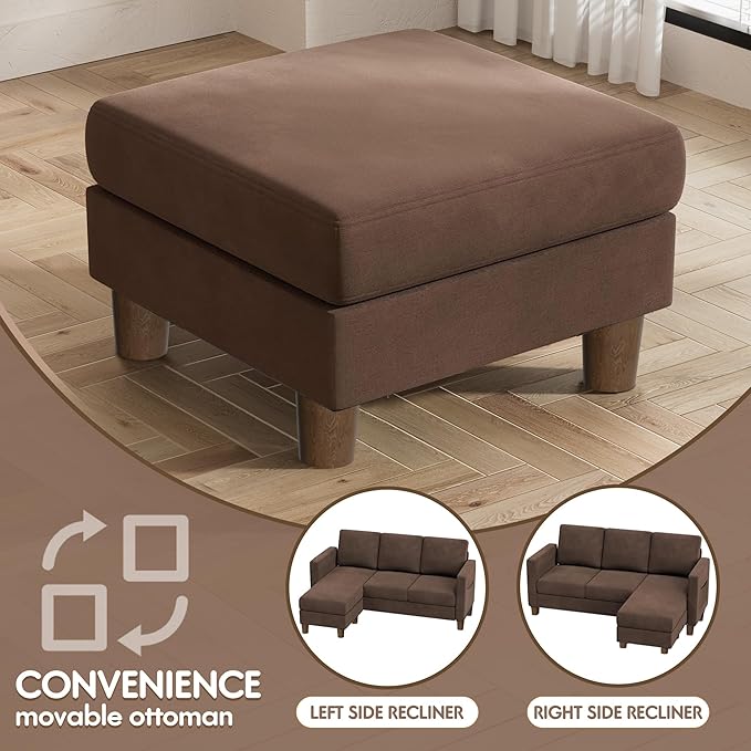 VICTONE Convertible Sectional Sofa Couch 3 Seat L-Shaped Sofa with Linen Fabric Ottoman Small Couch for Small Apartments Living Room and Office (Linen Fabric Brown)
