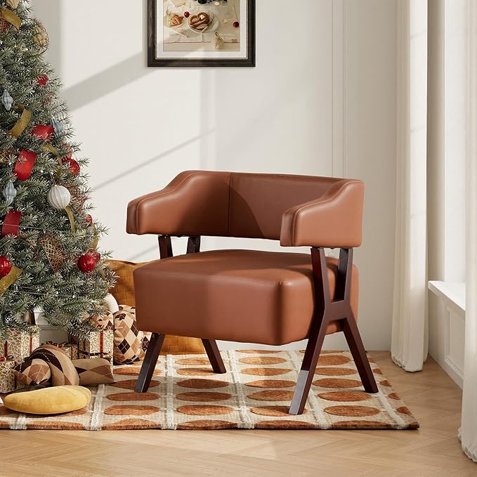 JIASTING Brown Leather Accent Chair with Solid Wood Frame Mid-Century Modern Armchair with Wraparound Back Small Sofa Chair Reading Leisure Arm Chair for Waiting Room Bedroom (1 Brown)