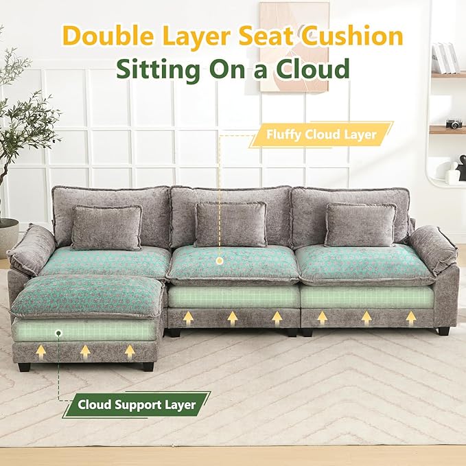 120 L Shaped Couch Modular Sectional Sofa Cloud Couch with Movable Ottoman Modern Chenille Deep Seat Sleeper Sofa with Throw Pillows for Living Room and Apartment (Grey 4-Seat)