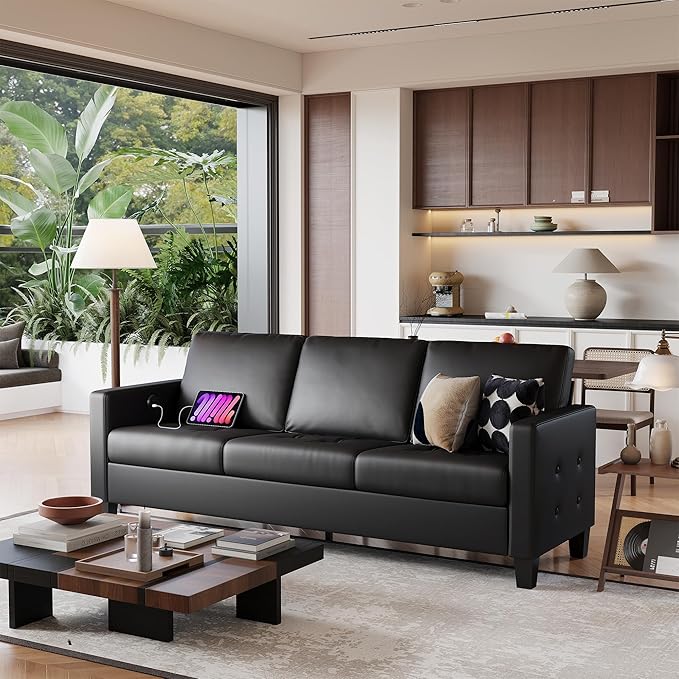 STHOUYN 73” Black Faux Leather Sofa Couch Modern Comfy Office 3 Seater Couch Loveseat with Tufted Armrest and USB Small Love Seat Couches for Living Room Bedroom Apartment
