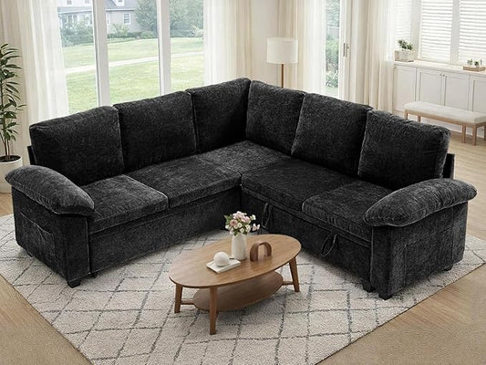 85 Modular Sectional Sofa Bed with Storage L Shaped Pull-Out Sleeper Sofa Removable Chenille Sofa Cover for Living Room (Black 5 Seat) | Modular Sectional Removable Cover Built-In Storage Hidde