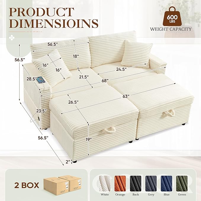 68 Cloud Loveseat with Ottoman Set USB Ports &amp Storage Wooden Side Table Comfy Plush Corduroy Upholstered Love Seat Modern Oversized Deep Seated Grey Sectional for Living Room Beige