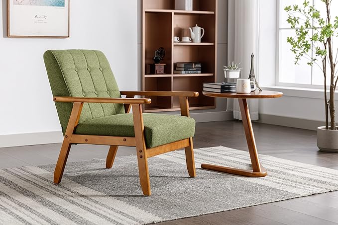 Leisure Chair with Solid Wood Armrest and Feet Mid Century Modern Accent Chair for Living Room Bedroom Studio Chair