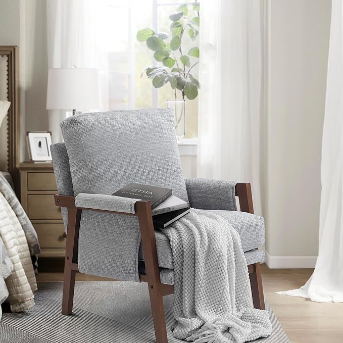 Grey Accent Chair for Bedroom &amp Living Room Mid Century Modern Accent Arm Chair Upholstered Anthropologie Accent Chair with Solid Wood Frame Fabric