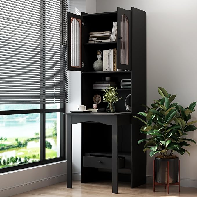 Fold-Out Convertible Writing Table Foldable Desk Cabinet with Shelf &amp Drawer Multi-Function Fold Out Desk &amp Bookshelf for Home Office Study Room(Black)