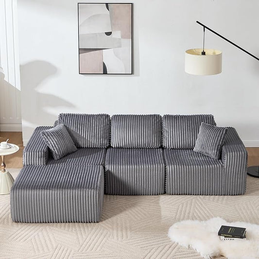 101.5'' Modular Sectional Sofa Cloud Sectional Couch with Deep Seat Comfy Fluffy L Shaped Couches Memory Foam Sofa with 1 Ottoman Corduroy Boneless Couch No Assembly Required Dark Gray