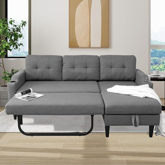 Convertible Sleeper Pull Out Couch Bed with Storage Chaise Linen Upholstered Sectional L-Shape Apartment Couch Pullout Sofa Bed with Side Pocket and Cup Holder Removable Backrest (Gray)