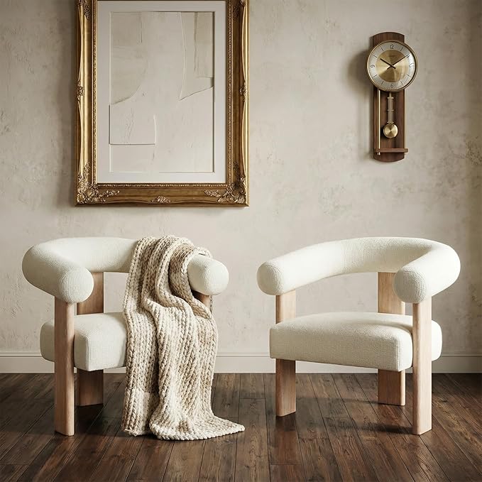 VKNOW Accent Chairs Set of 2 Modern Upholstered Living Room Chair Armchair with Solid Wood Legs Comfy Barrel Arm Chairs for Living Room Bedroom Cream