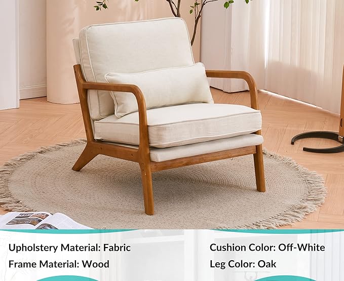 JOYBASE Lounge Accent Chair Mid Century Modern Chair Arm Chair Wood Frame Armchair for Living Room Bedroom (Off-White Fabric)