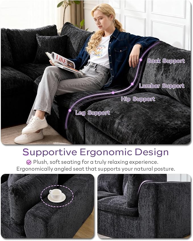 TYBOATLE 146’’ Black Boneless Couch for Living Room U Shaped Cloud Sectional Sofa w/Ottoman Comfy Boneless Modular Couch w/Memory Foam
