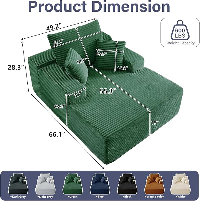 49.2 Oversized Chaise Lounge Chair Indoor Modern Upholstered Deep Seat Sofa Bed Sleeper Couch Reading Chairs Comfy Corduroy Cloud Sofas Couches for Living Room No Assembly Green