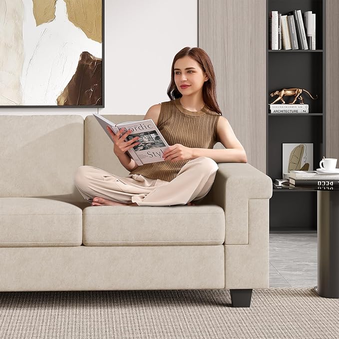3 Seater Sofa Couch with Deep Seat 90 Modern Upholstered Sofa with Armrests Easy Installation Comfy Couches for Living Room Apartment Beige