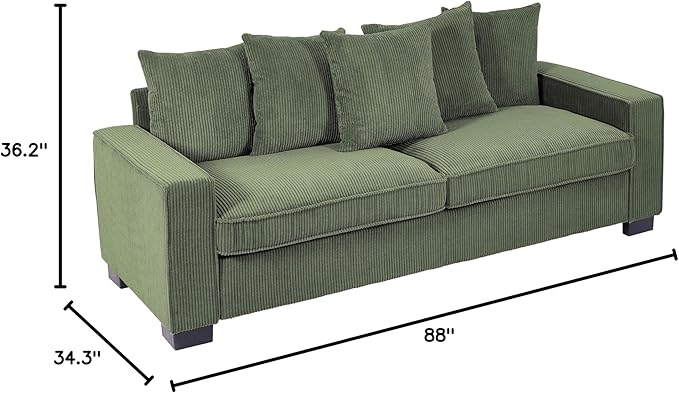 Luxe Corduroy Sofa with 5 Matching Toss Pillows Sleek Design Spacious and Comfortable 3 Seater Couch for Modern Living Room 88 Wide Dark Green