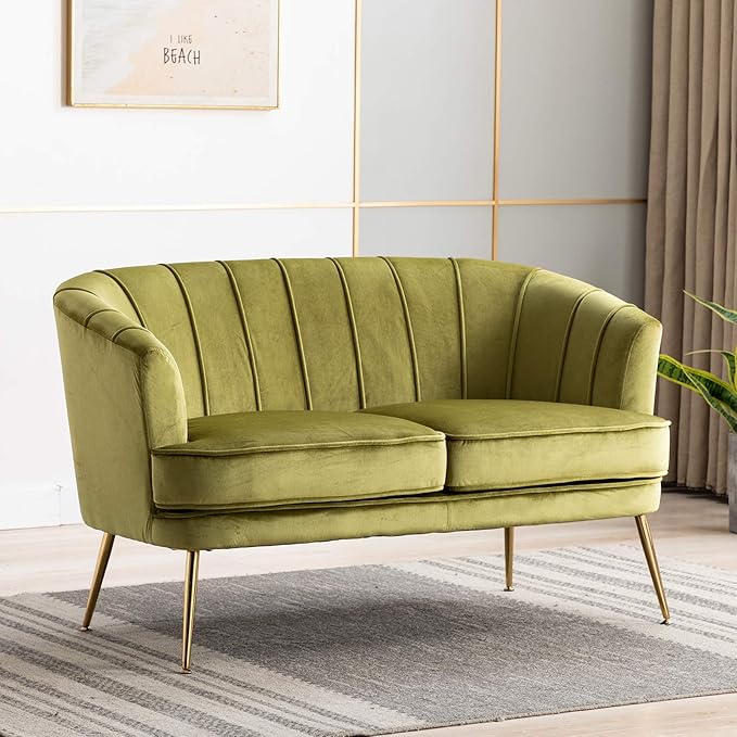 Artechworks Contemporary Velvet Loveseat Chair with Gold-Finished Metal Legs 2-Seat Sofa for Living Room Bedroom Home Office Grass Green