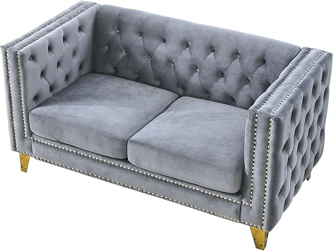 58 Loveseat Sofa with Buttons Tufted Square Arm2-Seat Velvet Upholstered Couch W/Metal Legsfor Living RoomBedroomApartmentGray