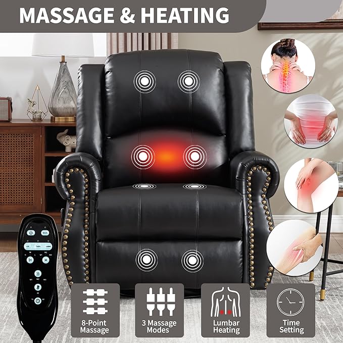 PELUMY Breathable Leather Swivel Rocking Recliner Chair for Adults 360° Swivel Glider Rocker with Heat &amp Vibrating Massage Lounge Chair for Living Room Bedroom Nursery (Black)