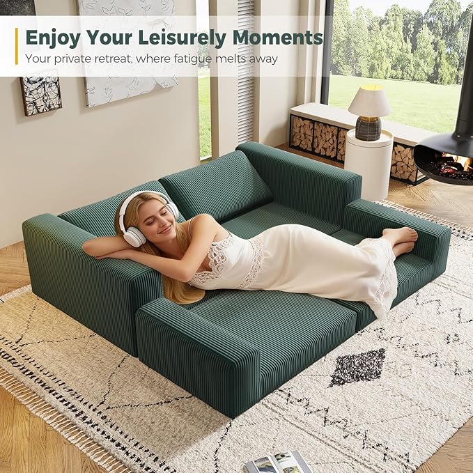 78 Convertible Loveseat Sofa Comfort Corduroy Futon Sofa Bed Wide Armrest Deep Seat No Assembly Folding Sofa Bed for Living Room/Home Office/Apartment (Green Loveseat)