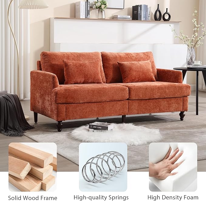 69” Modern Chenille Loveseat Sofa Couch Upholstered 2 Seat Love Seat Deep Seat Small Couch with 2 Pillows and Sturdy Wood Legs for Living Room Bedroom Apartment (Orange)