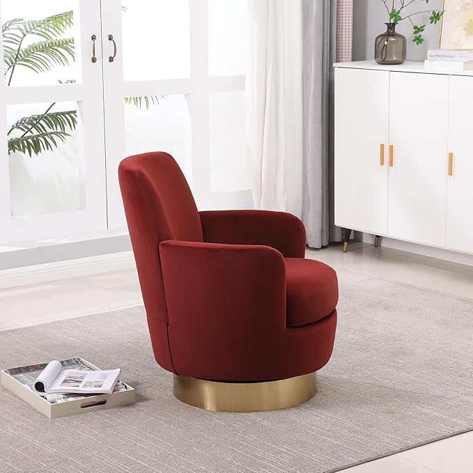 360° Swivel Barrel Accent Chair Comfy Round Accent Chairs with Gold Iron Base &amp Dual-Layer Cushion Modern Lounge Reading Armchair Upholstered Sofa Chair for Living Room Bedroom(Velvet Red)
