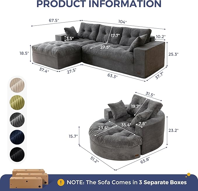 MAXYOYO L Shape Sectional Sofa Couch and Round Chaise Lounge Modern Cloud Couch with Ottoman Comfy Sofa with Layered Cushion Tufted Upholstered Sleeper Chair for Living Room No Assembly Required