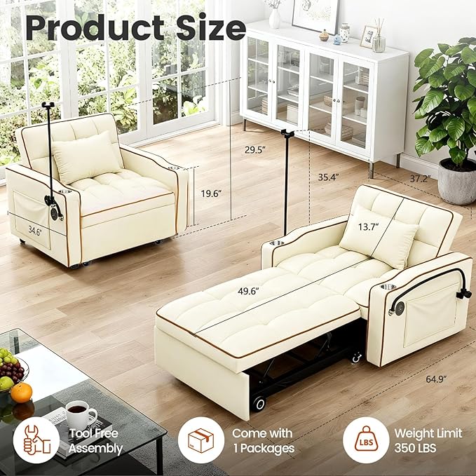 Convertible Sleeper Chair Chairs Bed Sleepers for Adults Pull Out Chair Sleeper with Bracket and Cup Holder 3 in 1 Sofa Bed Chairs for Small Spaces Living Room White