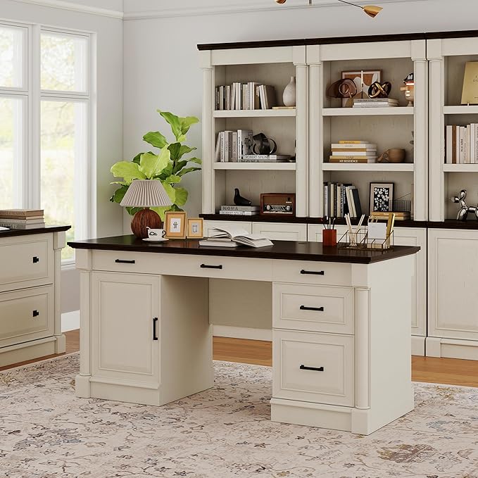 61.85″ Executive Desk with Roman Column Design Large Boss Office Desk 3 Drawers incl. File Drawer Keyboard Tray Cabinet Shelf with Door White with Brown Desktop
