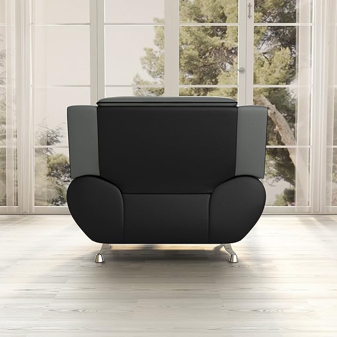 Container Furniture Modern Style Living Room Chair with Top Grade Faux Leather Upholstery and Extra Comfortable Pillow Top Armrests 47.3’’ Wide Grey &amp Black