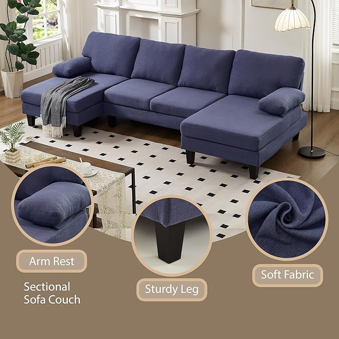 U Shaped Sectional Couches for Living Room 106.3 Modular Sofa with Double Chaises 4-Seater Sofa with Memory Foam Cushions Comfy Sectional Couches for Apartment Reception Room Blue