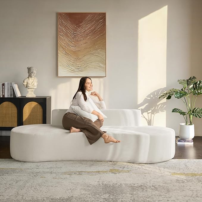 94.5 Boneless Sofa with 2 Pillows 3 Seater Compressed Foam Sofa with Half Moon Design &amp Deep Seat No Assembly Required Modern Cloud Couch for Living Room Ivory