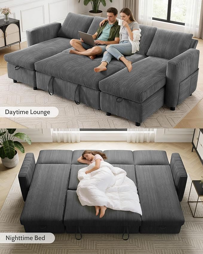 WEUP 106 U Shaped Sectional Sleeper Sofa Bed with Pull Out Bed Sectional Sleeper Couch Pull Out Couch with Reclining Backrest/Reversible Storage Chaise/USB Ports/Tool-Free Assembly Corduroy Grey