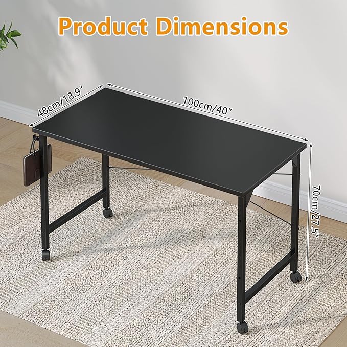 Grandder Rolling Computer 40 inch Desk with Wheels Wroking Small Desk for Living Room Modern Simple Style Table for Home Office Study Writing Table Caster Black 40 inch