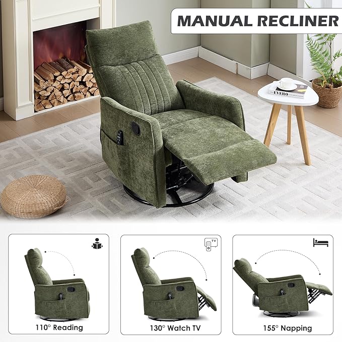 Swivel Rocker Recliner Chair 360° Swivel Recliner with Heat and Massage Rocker Recliner Nursery Glider Chair with Side Pockets for Living Room (Olive Green Fabric)