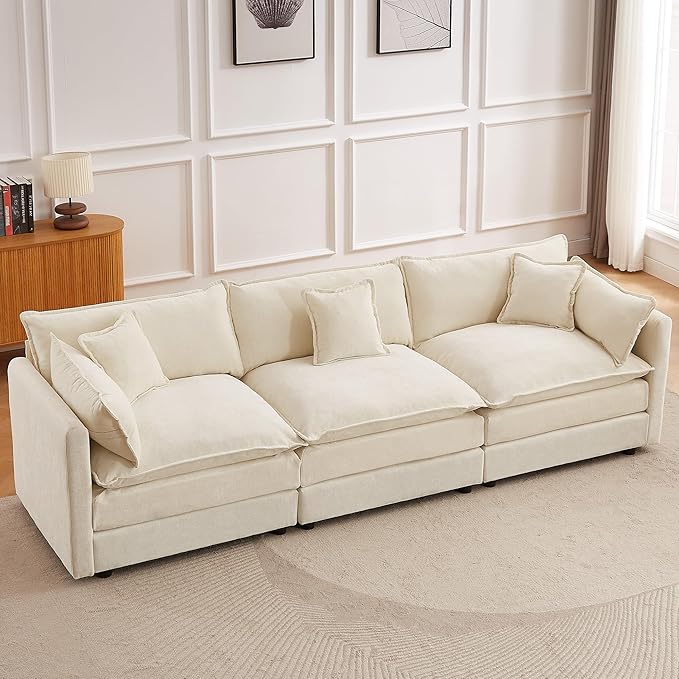 Modular Sectional Sofa 112.2 Inch Rectangle Shaped Couch Set with Armrests 3-Seater Comfy Cloud Couches for Living Room Apartment Beige