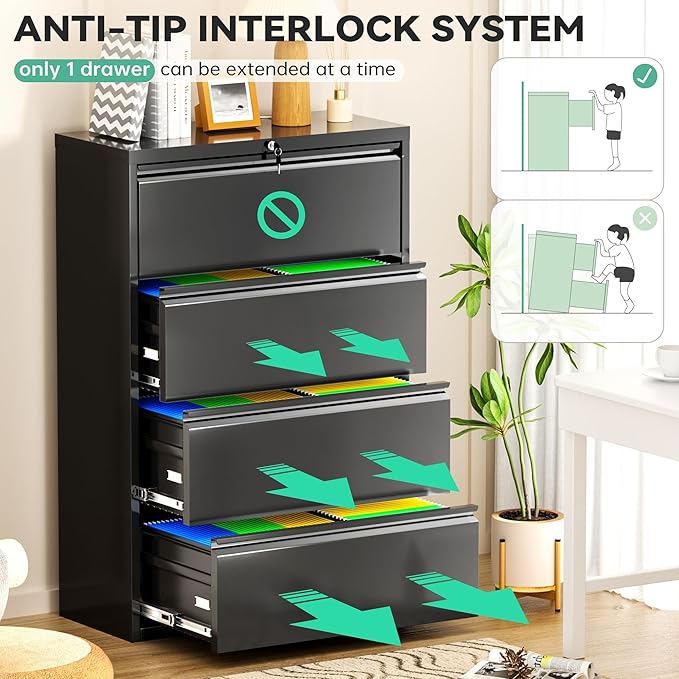 Bonusall 4 Drawer Lateral File Cabinet with Lock Locking Metal lateral Filing Cabinet for Office Steel lateral File Cabinet Large Horizontal File Cabinet Locked by Keys-Black