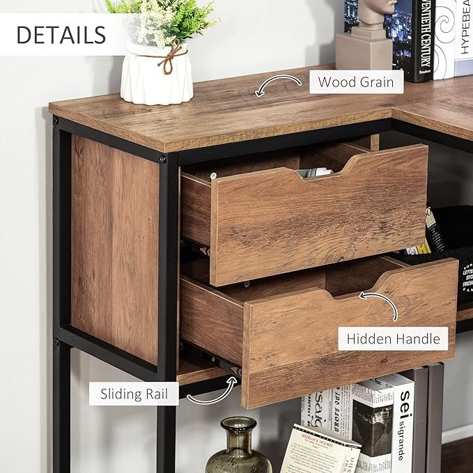 Home Office Desk L-Shaped Home Offie Computer Desk with Storage Shelves 2 Dawers and Industrial Steel Frame Black/Brown