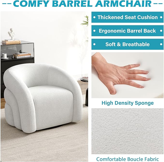 UIXE Swivel Barrel Accent Chair Boucle Upholstered Arm Chair for Living Room Modern Round Armchair Comfy Reading Sofa Seat with Solid Metal Base Fully Assembled - White