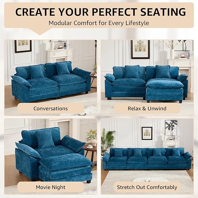 46.4'' Blue Modern Large Sectional Couches for Living Room Chenille Fabric Modular Sectional Sofa Oversized Single Cloud Couch with Ottomans Deep Seat Wide Arm Sofas Set Sofa para Sala