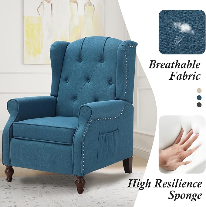 Wingback Recliner with Massage and Heat Tufted Fabric Push Back Recliner Chair for Living Room Vintage Wingback Chair with Remote Control Small Recliners for Small Spaces