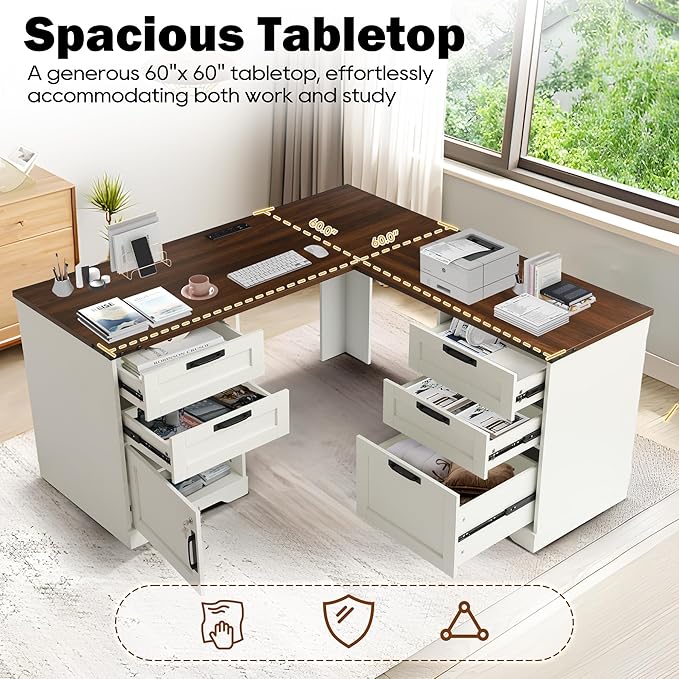 MAGIC UNION L Shaped Executive Desk with Drawers Home Office Desks with Charging Station File Drawer Lockable Adjustable Storage Cabinet Large Corner Computer Table for Work and Study (Brown)