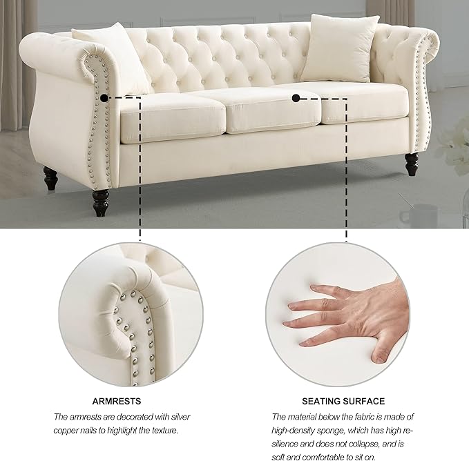 KEIKI Chesterfield Sofa Retro Style Upholstered 3 Seater Velvet Couch with Rolled Arm for Living Room Bedroom Office Apartment Beige
