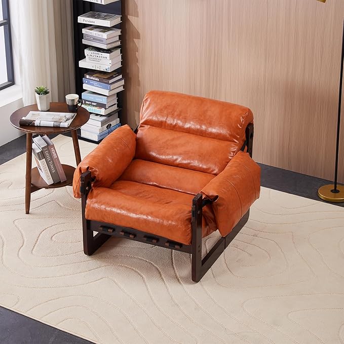 Mid-Century Modern Lounge Accent Chair Oil Waxed Leather Comfy Armchair with Thicked Cushion &amp Removable Armrests Upholstered Cozy Sofa Chairs for Living Room Bedroom Apartment Offices(Orange