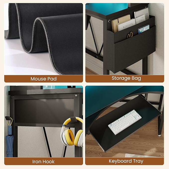 SEDETA Corner Desk Small Computer Desk with Hutch &amp LED Lights Triangle Corner Gaming Computer Desk with Keyboard Tray Storage Bag and Headphone Hook for Small Space Home Office Desk Black