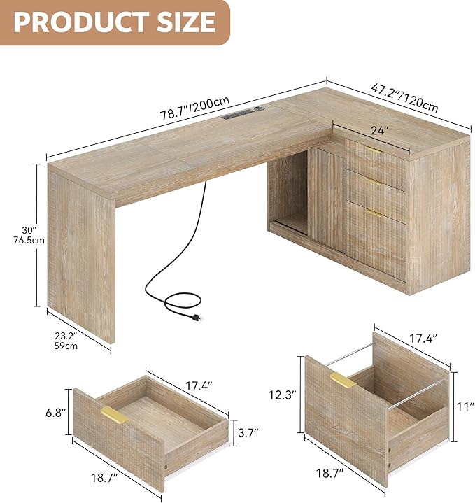 78 Inch L Shaped Office Desk with Drawers Fluted L Shape Computer Desk Executive Office Desk with File Cabinet Storage Shelves and Power Outlets Sturdy Writing Workstation Natural Oak