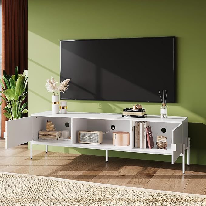 WLIVE TV Stand for 65 Inch TV Mid Century Modern Entainment Center with 2 Storage Cabinets &amp Open Shelf TV Console Table Media with Metal Legs for Living Room Bedroom White
