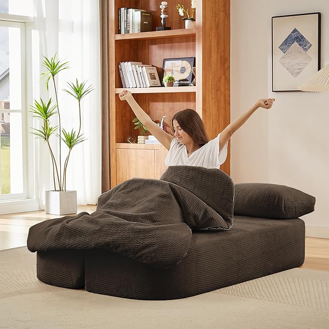 Convertible Folding Sofa Bed 75 Futon Floor Couch Modular Sleeper Loveseat Sectional Couches Boneless Cloud Plush Fluffy Fabric for Living Room Guest Room No Assembly Required Brown