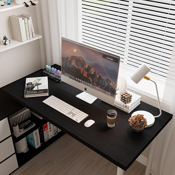 L Shaped Computer Desk 47 Inch Home Office Desk with File Drawers &amp Storage Shelves Small Corner Computer Desk for Small Space (Black + White)